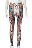 Brown Casual Print Patchwork Skinny Pencil Full Print Bottoms