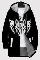 Black And White Casual Print Pocket Patchwork Zipper Fluffy Hooded Outerwear