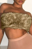 Khaki Sexy Patchwork Fluffy Strapless Tops