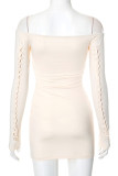Apricot Sexy Solid Color Hollow Out Patchwork Backless Off Shoulder Wrapped Skirt Dresses