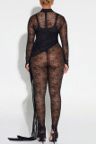 Black Sexy Solid Color Patchwork See-Through Mesh O Neck Skinny Jumpsuits