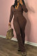 Coffee Casual Solid Color Draw String Patchwork Zipper Zipper Collar Long Sleeve Two Pieces