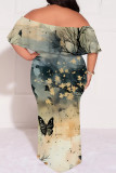 Green Sexy Floral Print Gradient Ruffle Contrast Off Shoulder Printed Plus Size Dresses