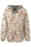 White Casual Street Floral Print Butterfly Draw String Pocket Contrast Hooded Tops