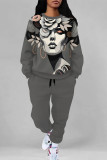 Cyanine Casual Street Graffiti Print Flowers Draw String Pocket Contrast O Neck Long Sleeve Two Pieces