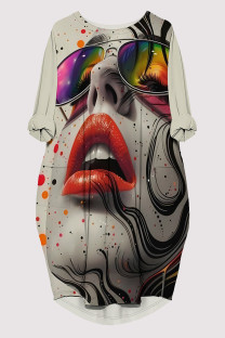 Grey Casual Daily Graffiti Print Pocket Contrast O Neck Printed Dresses