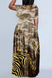Multicolor Casual Street Floral Print Camouflage Print Letters Pocket Contrast O Neck Printed Plus Size Dresses