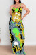 Green Sexy Animal Print Letters Chain print Contrast V Neck Printed Dresses