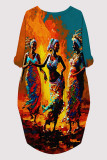 Multicolor Casual Daily Graffiti Print Pocket Contrast O Neck Printed Dresses