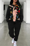 Cyanine Casual Street Graffiti Print Flowers Draw String Pocket Contrast O Neck Long Sleeve Two Pieces