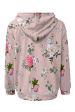 White Blue Casual Daily Floral Print Draw String Pocket Contrast Hooded Tops