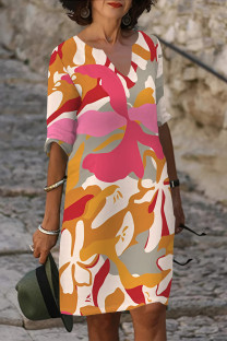 Multi-color Casual Floral Print Contrast V Neck Printed Dresses