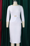 White Elegant Solid Color Patchwork Slit With Belt Asymmetrical Collar Wrapped Skirt Dresses