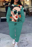 Cyanine Casual Street Graffiti Print Flowers Draw String Pocket Contrast O Neck Long Sleeve Two Pieces