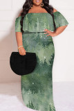 Green Sexy Floral Print Gradient Ruffle Contrast Off Shoulder Printed Plus Size Dresses
