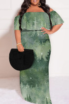 Dark Green Sexy Floral Print Gradient Ruffle Contrast Off Shoulder Printed Plus Size Dresses