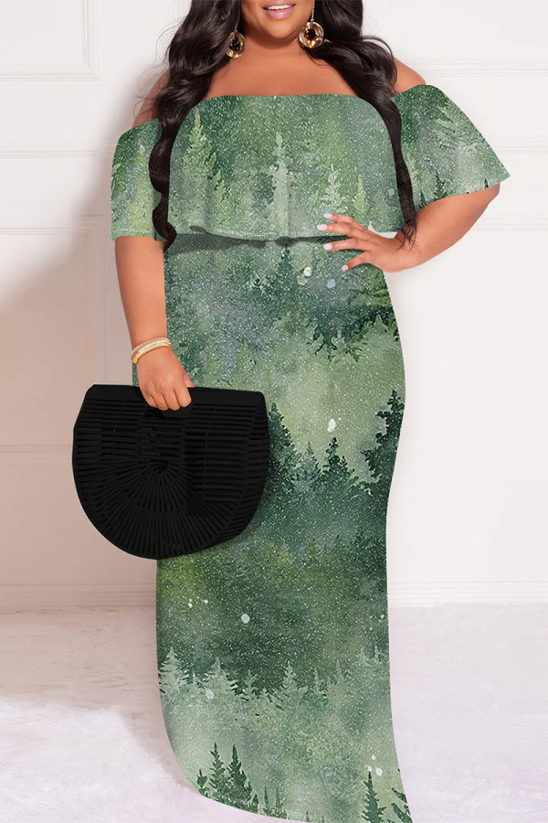 Dark Green Sexy Floral Print Gradient Ruffle Contrast Off Shoulder Printed Plus Size Dresses