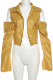 Yellow Casual Solid Color Buttons Patchwork Turndown Collar Outerwear