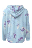 White Casual Street Floral Print Butterfly Draw String Pocket Contrast Hooded Tops