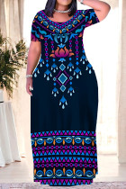 Blue Black Casual Geometric Print Stripe Gradient Pocket Contrast O Neck Printed Plus Size Dresses