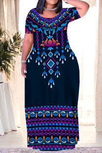 Blue Black Casual Geometric Print Stripe Gradient Pocket Contrast O Neck Printed Plus Size Dresses