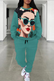 Cyanine Casual Street Graffiti Print Flowers Draw String Pocket Contrast O Neck Long Sleeve Two Pieces