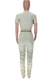 Light Gray Casual Solid Color Draw String Patchwork O Neck Short Sleeve Two Pieces