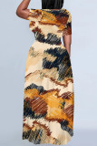Multi-color Casual Geometric Print Stripe Gradient Pocket Contrast O Neck Printed Plus Size Dresses
