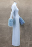Light Blue Elegant Solid Color Patchwork Turtleneck Long Dresses
