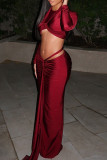 Burgundy Elegant Solid Color Hollow Out Patchwork O Neck Long Sleeve Two Pieces