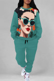 Cyanine Casual Street Graffiti Print Flowers Draw String Pocket Contrast O Neck Long Sleeve Two Pieces