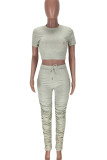 Light Gray Casual Solid Color Draw String Patchwork O Neck Short Sleeve Two Pieces