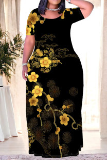 Black Casual Geometric Print Stripe Gradient Pocket Contrast O Neck Printed Plus Size Dresses