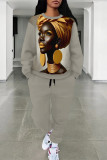 Cyanine Casual Street Graffiti Print Flowers Draw String Pocket Contrast O Neck Long Sleeve Two Pieces