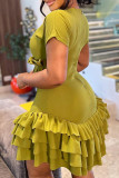 Black Casual Solid Color Patchwork Pleated O Neck Wrapped Skirt Dresses