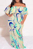 Green Sexy Floral Print Gradient Ruffle Contrast Off Shoulder Printed Plus Size Dresses