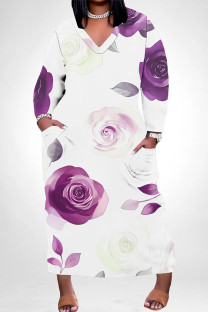 White Purple Elegant Floral Print Pocket Contrast V Neck Printed Plus Size Dresses