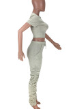 Light Gray Casual Solid Color Draw String Patchwork O Neck Short Sleeve Two Pieces