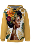 Red Casual Street Graffiti Print Draw String Pocket Hooded Tops