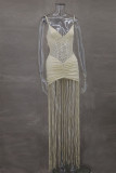 Champagne Sexy Solid Color Fringed Trim Hollow Out Patchwork Spaghetti Strap Sling Dresses