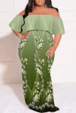 Green Sexy Floral Print Gradient Ruffle Contrast Off Shoulder Printed Plus Size Dresses