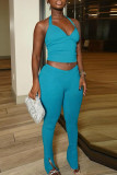 Blue Casual Solid Color Patchwork Backless Slit Halter Two Pieces