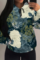 Dark Green Casual Street Floral Print Butterfly Draw String Pocket Contrast Hooded Tops