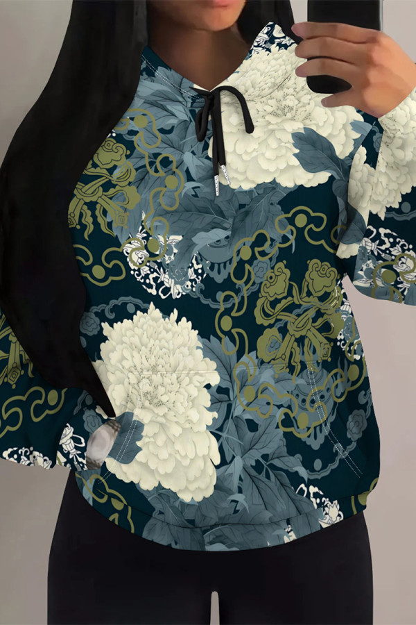 Dark Green Casual Street Floral Print Butterfly Draw String Pocket Contrast Hooded Tops
