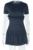 Black Casual Solid Color Patchwork Pleated O Neck Wrapped Skirt Dresses