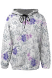 White Casual Street Floral Print Butterfly Draw String Pocket Contrast Hooded Tops