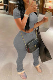 Light Gray Casual Solid Color Draw String Patchwork O Neck Short Sleeve Two Pieces
