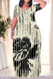 Multicolor Casual Street Floral Print Camouflage Print Letters Pocket Contrast O Neck Printed Plus Size Dresses