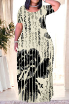 Beige Casual Street Floral Print Camouflage Print Letters Pocket Contrast O Neck Printed Plus Size Dresses