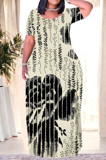 Beige Casual Street Floral Print Camouflage Print Letters Pocket Contrast O Neck Printed Plus Size Dresses